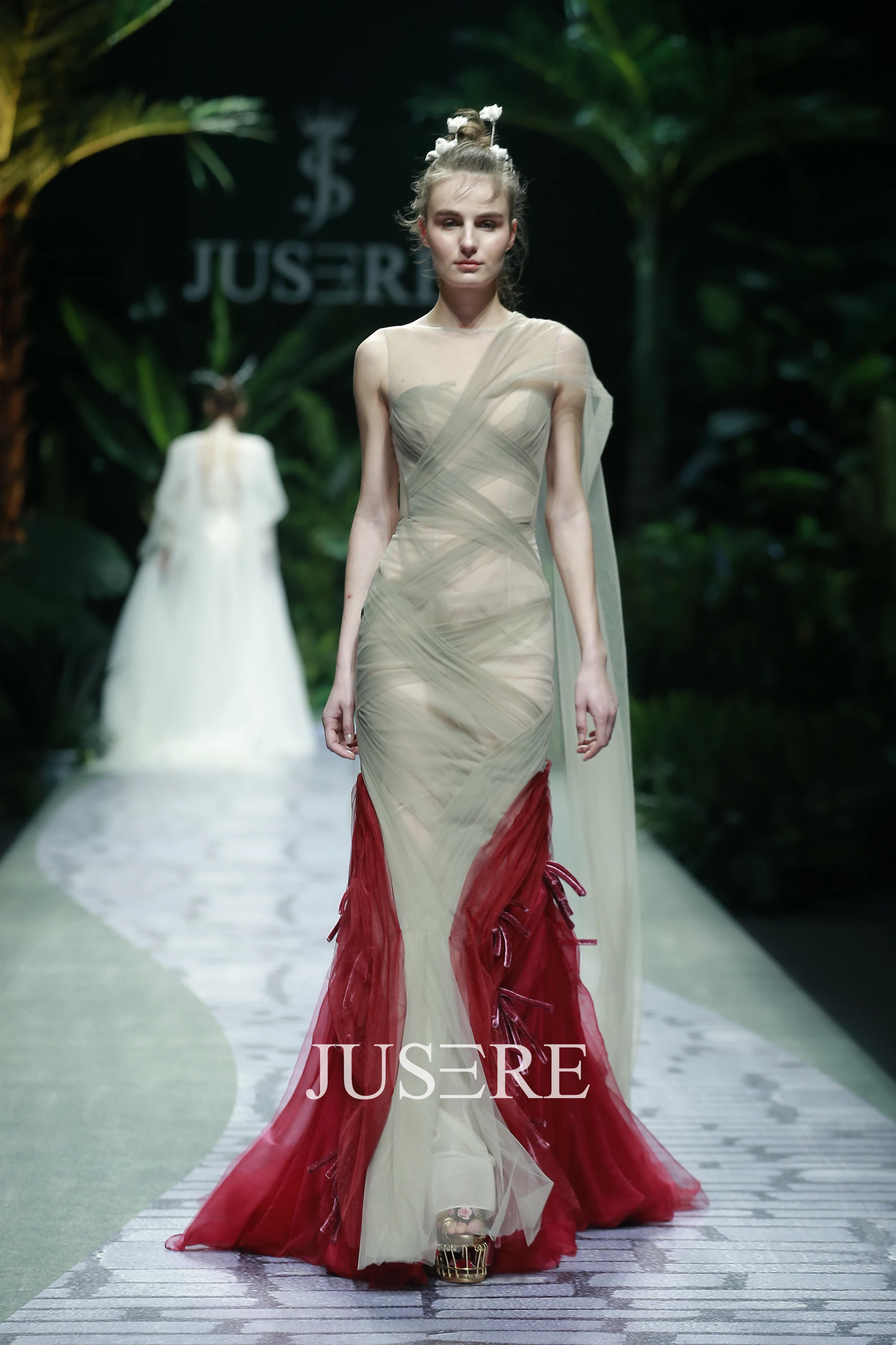 Jusere moda tydzień Runway Mermaid suknie wieczorowe jedno ramię Sexy zakładka Illusion Tulle formalna sukienka sukienka na imprezę