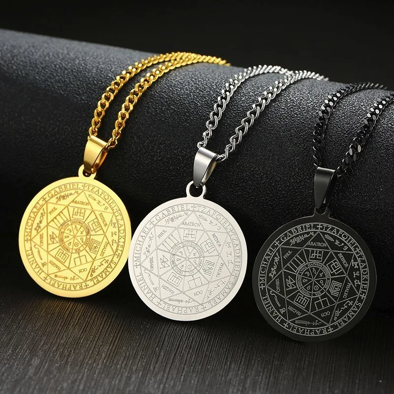 Naszyjnik męski, naszyjniki pieczęć siedmiu archaniołów, stal nierdzewna 7 archaniołów Sigil, wisiorki Amulet Salomona Kabbalah