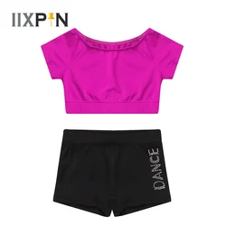 Collant de ginástica com mangas curtas para meninas, regata com letras, fundo impresso para balé, roupa de dança tankini, treino