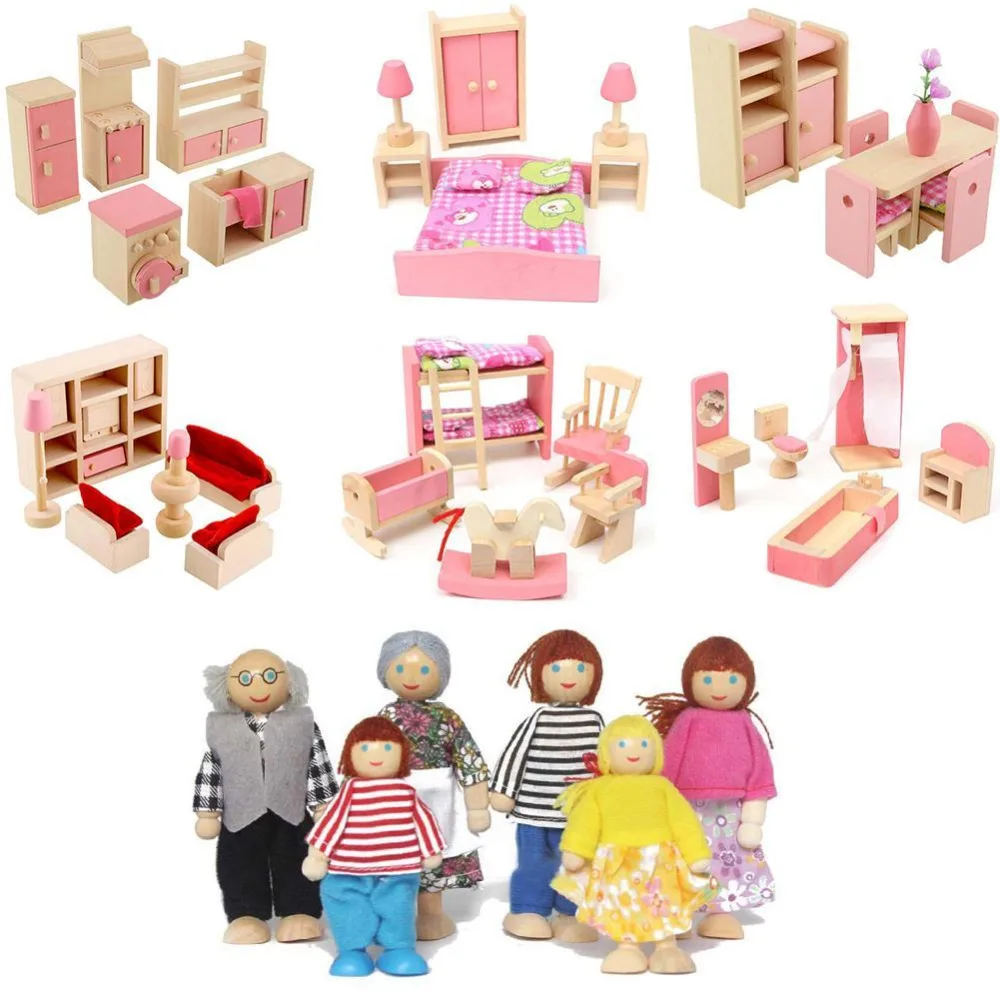 Wooden Dollhouse Furniture Miniature Toy For Dolls Kids Children House Play Toy Mini Furniture Sets Doll Toys Boys Girls Gifts