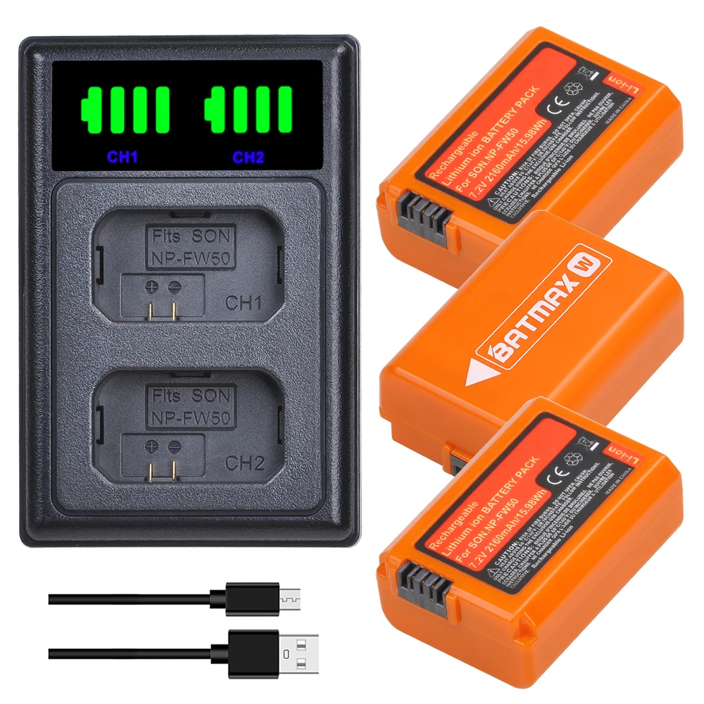 

Batmax NP-FW50 NPFW50 Battery+LED Dual Charger with Type C Port for Sony Alpha a6500 a6400 a6300 a7 7R a7R a7R II a7II NEX-3