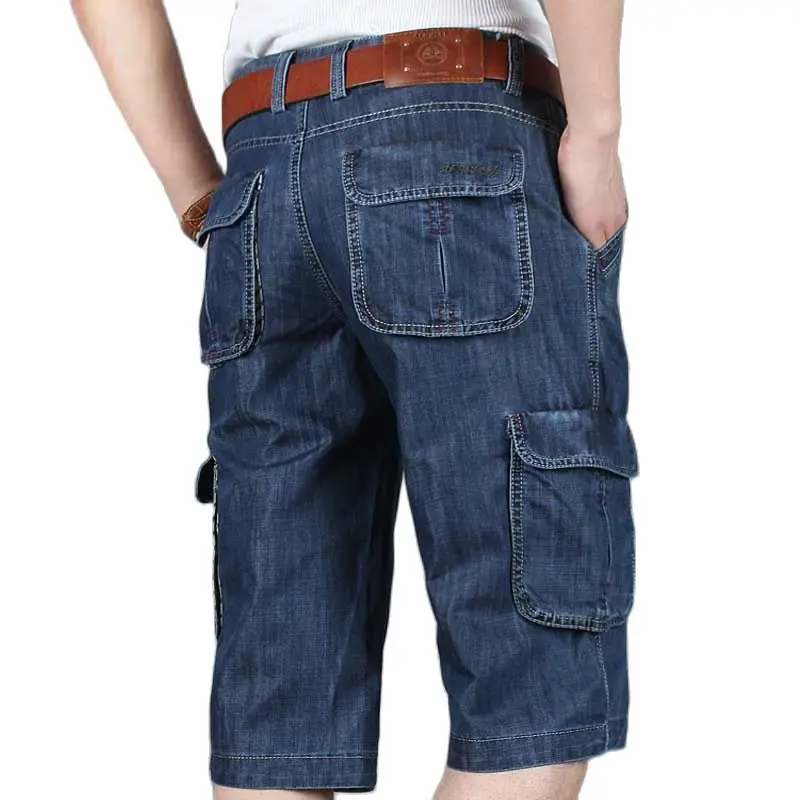 Summer New Brand Mens Jeans Denim Shorts Cotton Cargo Shorts Big Pocket Loose Baggy Wide Leg Embroidery Bermuda Beach Boardshort