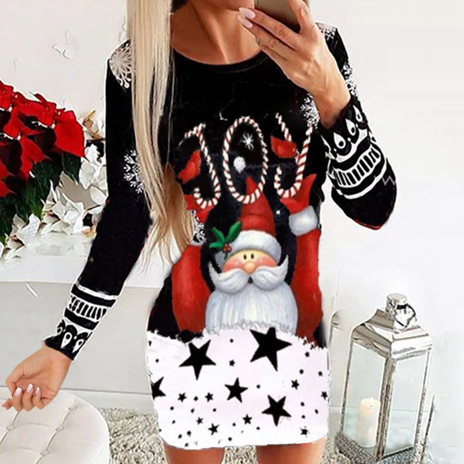 

Christmas 2022 Snowflake Deer Printed Women Dress Spring Autumn Long Sleeve O Neck Mini Dress Fashion Elegant Ladies Party Dress