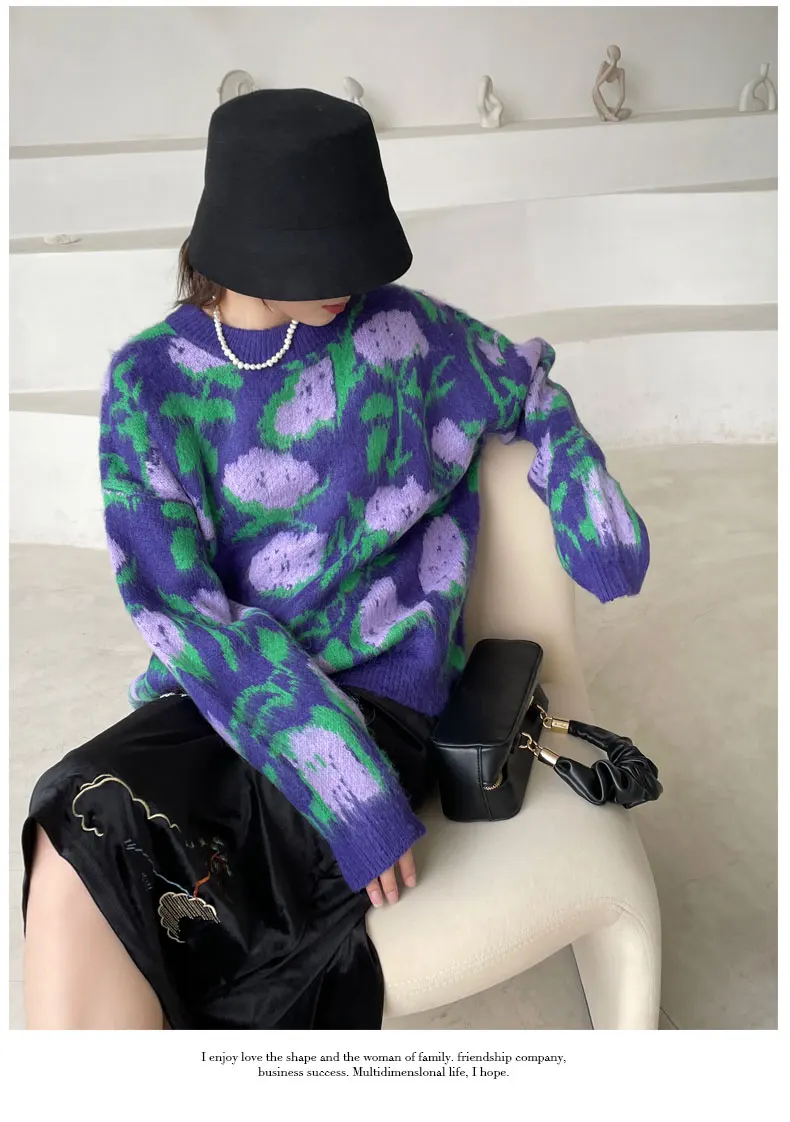 Autumn Winter Pullover Sweater Women 2023 Fashion Casual Woman Sweater Pullovers Print Flower Jumper Warm Teen Gril Sweaters