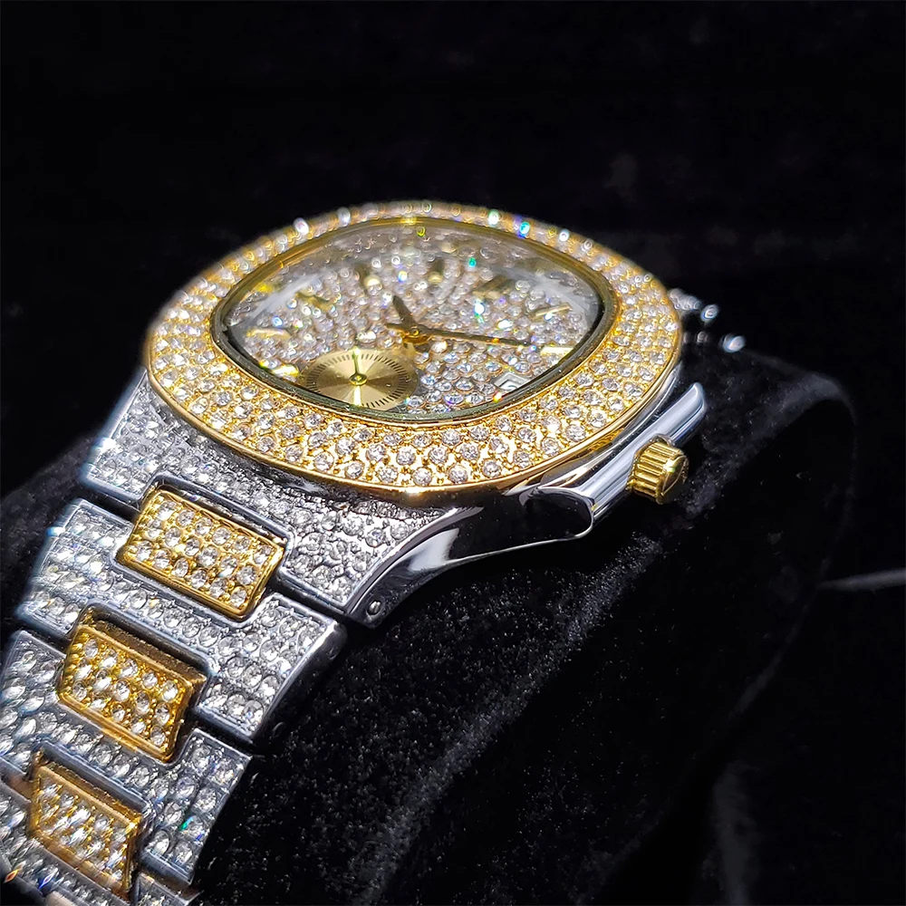 MISSFOX Nautilus Design Iced Out Men Watch Luxury Quartz Watch Steel Waterproof Diamond Male Wrist Watches Top Brand Gold Watch