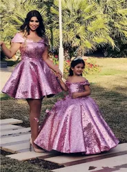 Vestido de baile con lentejuelas para madre e hija, traje con hombros descubiertos, talla grande, barato, familiar, Formal, 2021