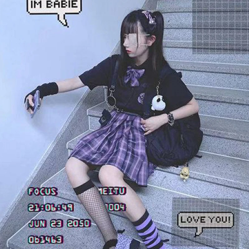 Japanese Women Skirt Three piece set Plaid Mini Harajuku Y2K Uniforms Skirt A-line Sweet High Waist Women kawaii Suits Dark Sets