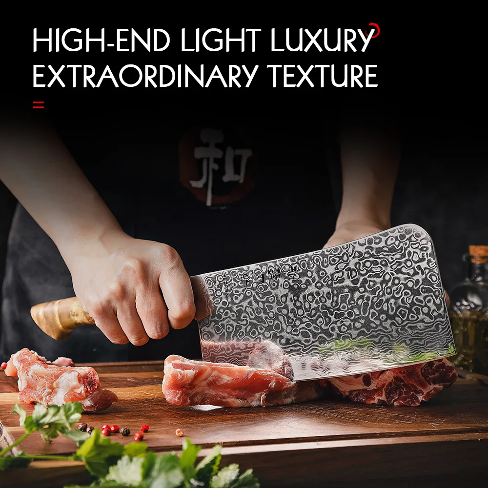 HEZHEN 7 Inch Bone Chopper Knife 67 Layers Damascus Steel Super Cook Knife Razor Sharp Japanese Blade Kitchen Chopping Knife