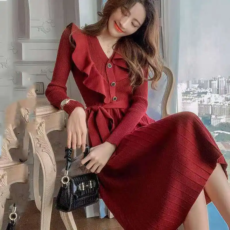 

Fashion Women's Autumn and Winter New V-neck Knitted Dress Solid Color Temperament Base Mid-length Dress 2020 Harajuku K0124