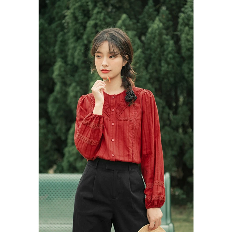 INMAN Autumn Winter Elegnat Female Lady Tops Versatile Solid Color Round Neck Lace Embroidered Cotton Long Sleeve Women's Shirt