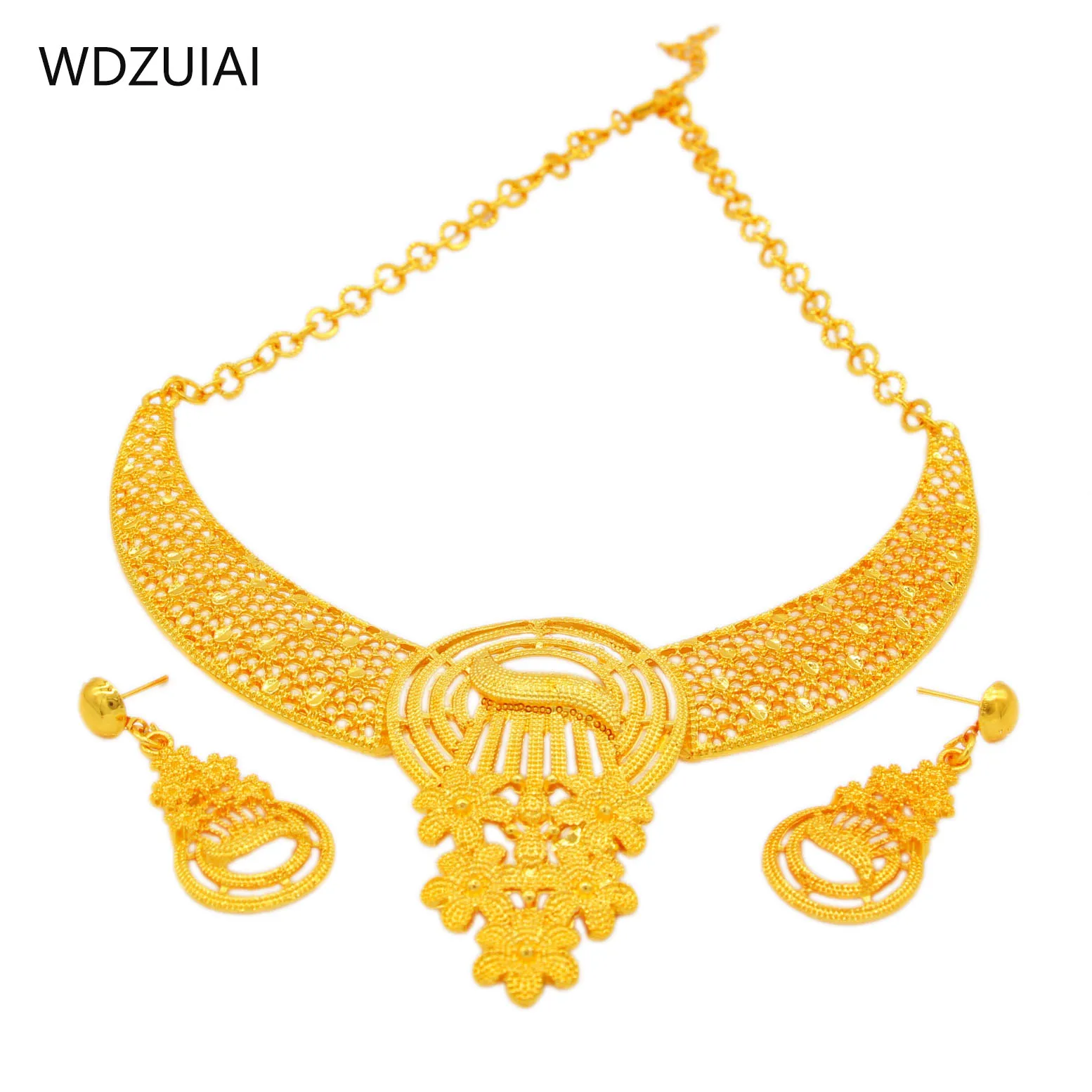 WDZUIAI New Arrival 24K Dubai Gold Color Necklace&Earrings Set For African Arab Women Bridal Wedding&Engagement Luxury Jewelry