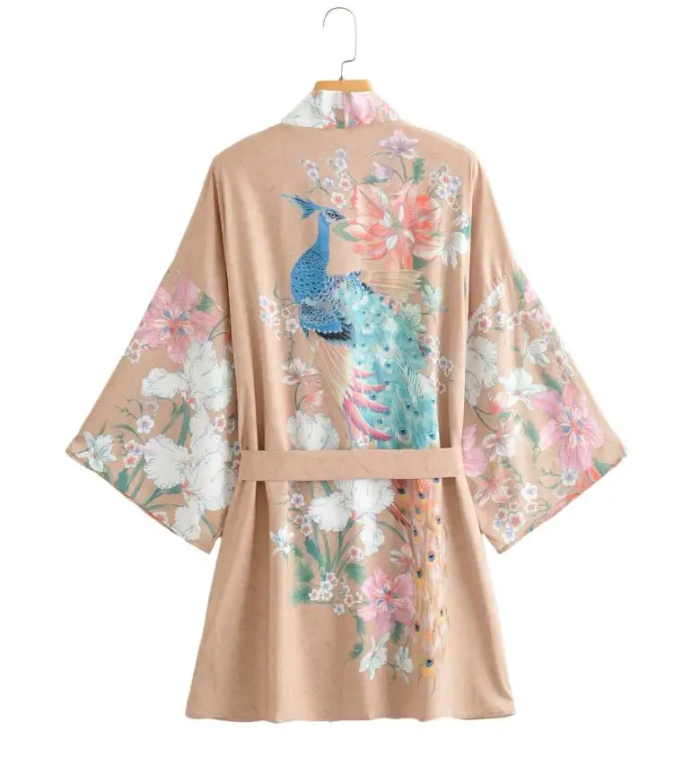 2021 Bohemian V neck Peacock Flower Print Kimono Shirt Ethnic New Lacing up Sashes Middle Long Cardigan Loose Blouse Tops femme