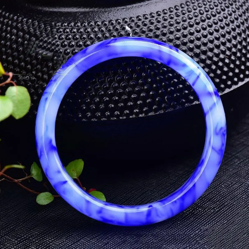 Natural Hetian jade blue and white porcelain women's floating flower bracelet jewelry gift Emerald Bangles Lady Party Gift