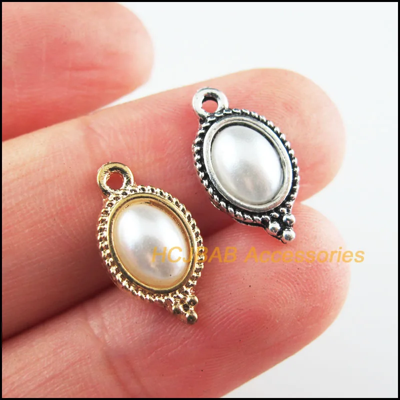 20Pcs Retro Gold Tibetan Silver Tone White Acrylic Oval Charms Pendants 9x16.5mm