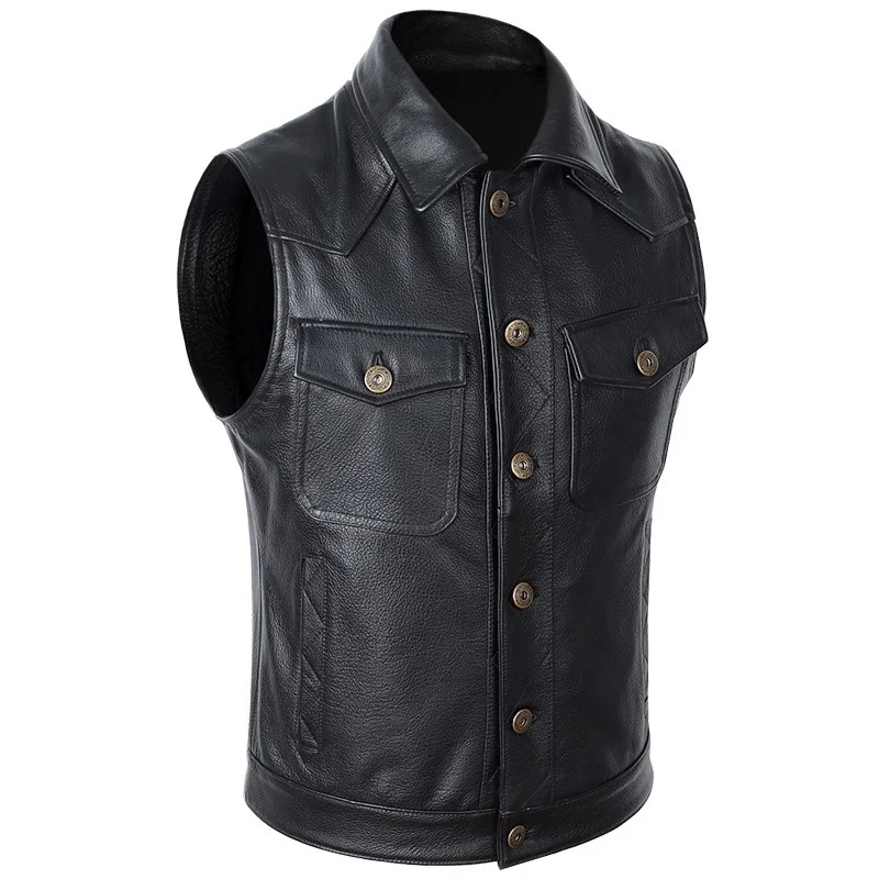 Motorcycle Classic Biker Cowhide Genuine Leather Vest Jacket Men Slim Fit Punk Single Breasted Sleeveless Waistcoat Coats Men