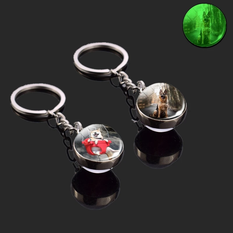 Luminous Animal Keychain Cute Dog Double-Sided Glass Ball Keychain Bulldog Shiba Inu Shepherd Car Keyring Pendant Jewelry Gifts