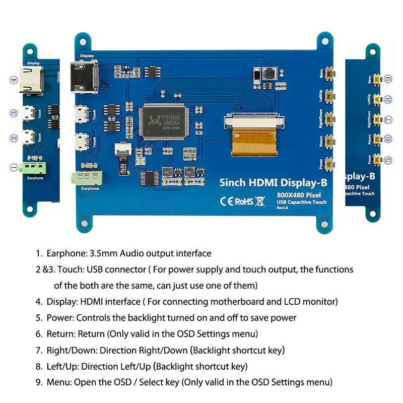 Hottest Selling 5 inch LCD Display Portable Monitor HD 800 x 480 Capacitive Touchscreen Raspberry Pi 4 Displays Touch Screen