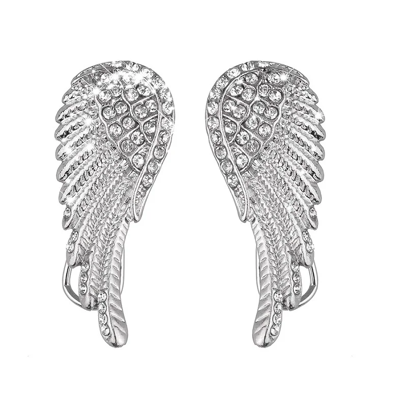 Western Style Angel\'s Feather Shape Ear Clip for Women New Fashion Metal Inlaid Rhinestone Stud Earrings Girl\'s Bright Jewelry