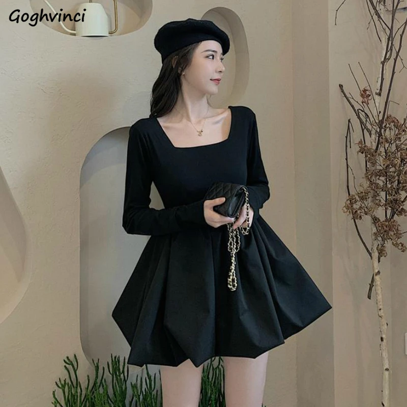 Long Sleeve Dress Women Solid Square Collar Pleated Defined-waist Low-cut Womens Mini Dresses Sexy Retro Korean Style Vestidoes