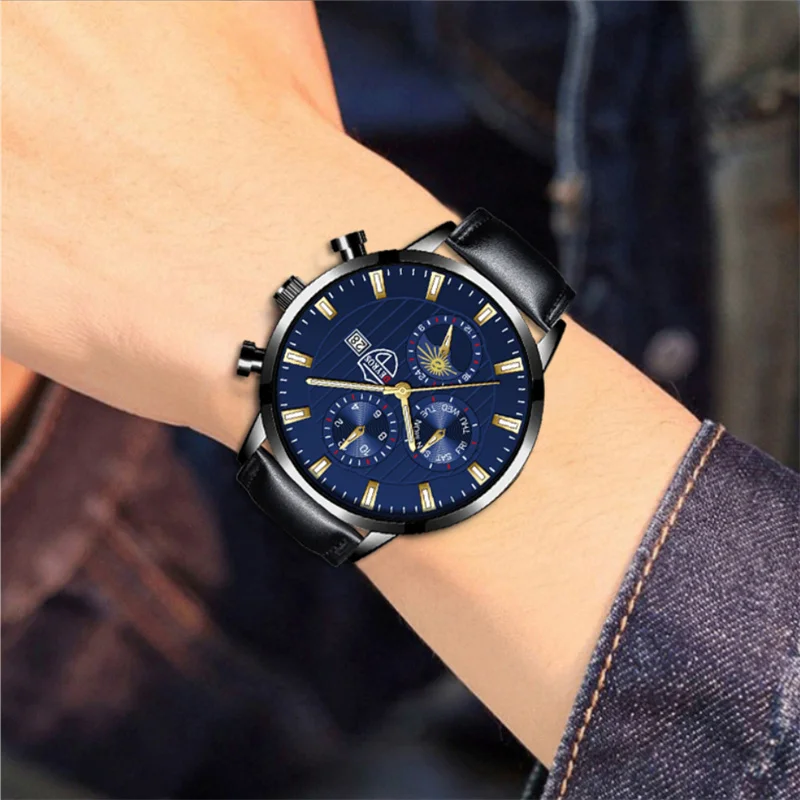 relogio Brand Men Wrist Watch Blue Leather Quartz Sports Casual Male Luminous Clock Fashion Men\'s  Luxury Watches часы мужские