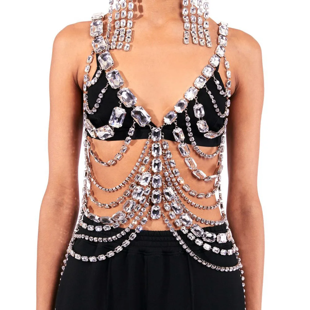 Exaggerated Rhinestone Body Chain Harness Bra Jewelry Clothes for Women Luxury Crystal Bralette Breast Underwear Chest Chain