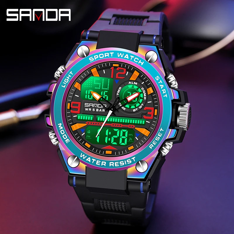 Sanda Top Merk Mannen Horloge Voor Mannen Klok Dual Display Outdoor Militaire Sport Waterdicht Symfonie Bezel Mannen Horloge