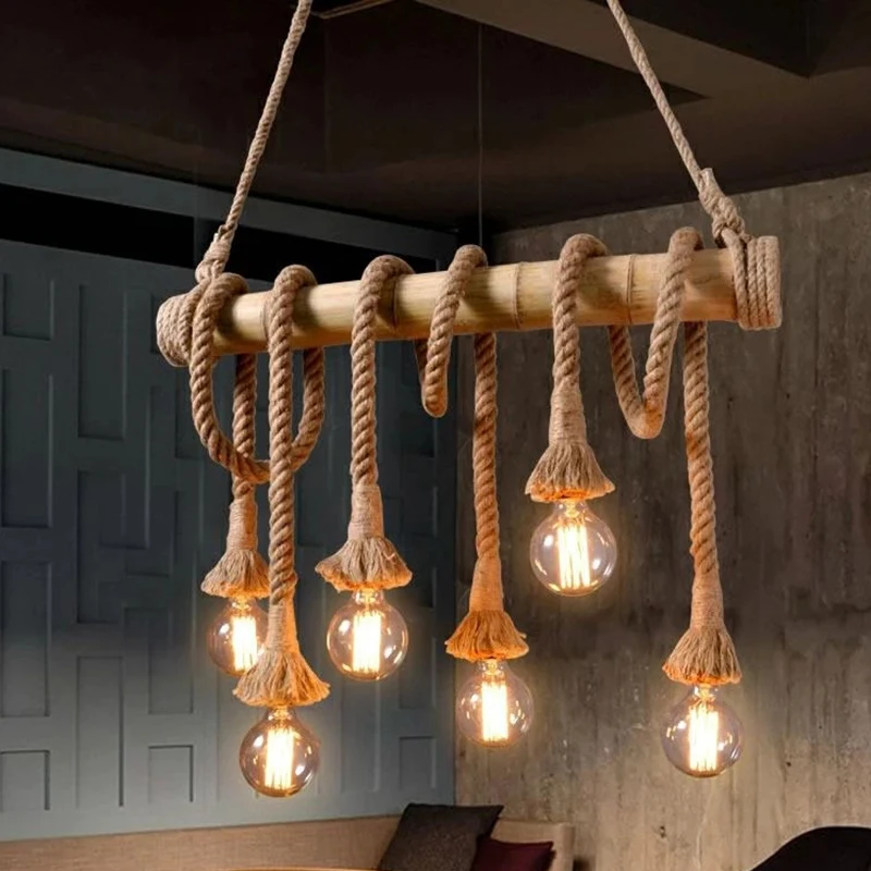 

Vintage Hemp Rope Lustre Pendant Lights Modern Bamboo for Living Room Bedroom Kitchen Hanging Lamps