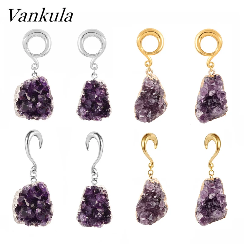 Vankula 2 Stuks Paars Natuursteen Oordopjes Tunnel Oor Gewichten 316L Rvs Haak Oor Piercing Hangers 4 Mm 6 Mm 8 Mm