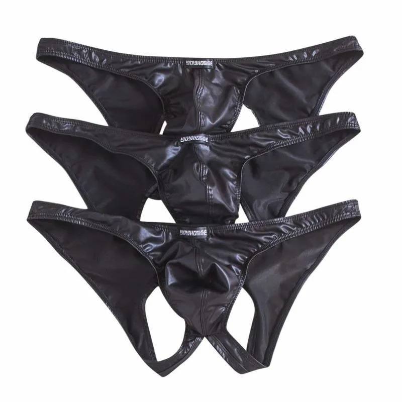 3PCS/Lots Sexy Men Thong G-string Jockstrap PU Leather Micro Bikini Exotic T-back Panties Gay Thongs Latex Panties Tangas Briefs