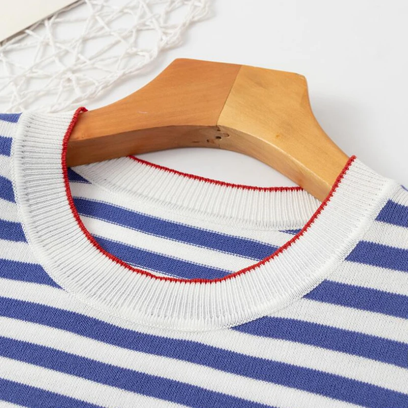 Summer Striped Pullover Knitted Short Sleeve knitted Sweater Women Slim Basic Casual Base Female knitting shirts Tops 2021