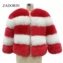 ZADORIN Mix Color 3/4 Sleeve Furry Striped Parka Winter Warm Women Fluffy Faux Fur Coat Vintage Fake Fur Jacket Lady Outerwear