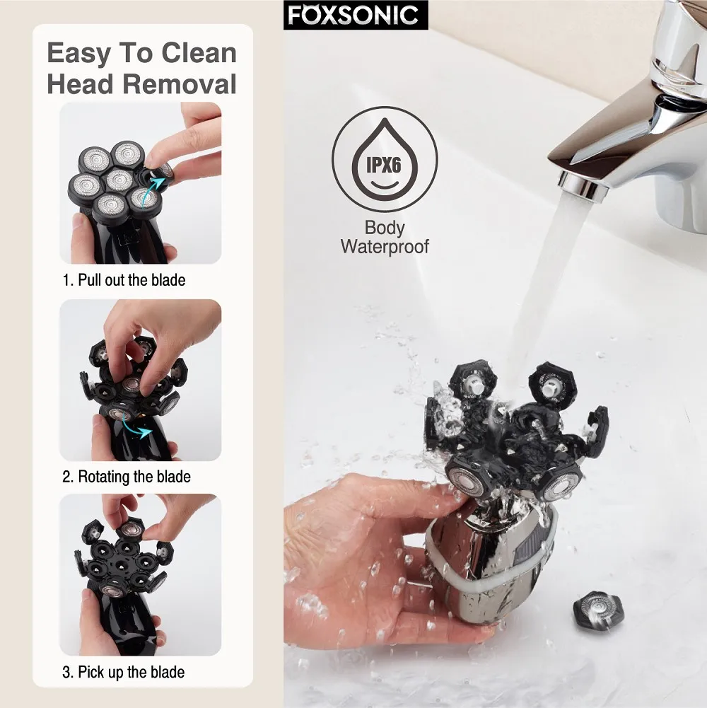 FOXSONIC-maquinilla de afeitar eléctrica para hombre, recortadora de cabeza seca y húmeda, con cabezal 7D, resistente al agua, con pantalla LED