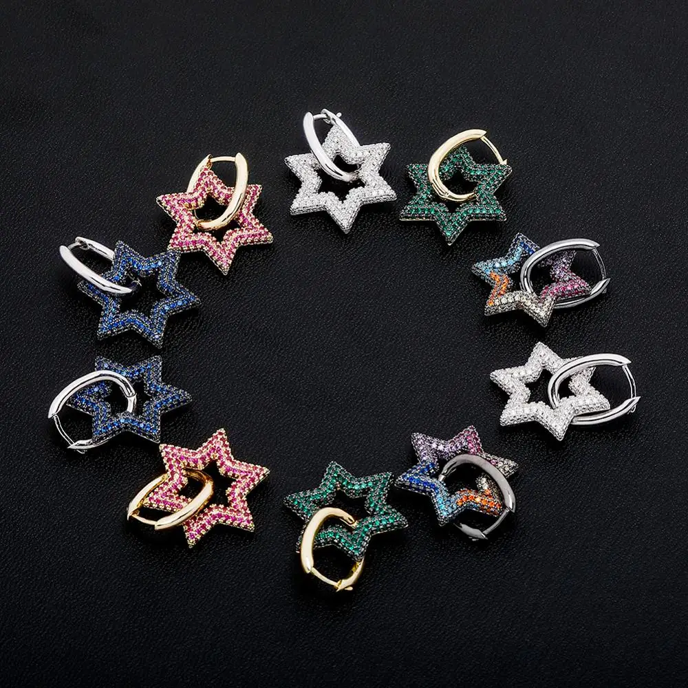 TOPGRILLZ 5 Color Five-pointed Star Earrings Earrings Iced Cubic Zirconia Earrings Hip Hop Fashion Jewelry For Gift Minimalist