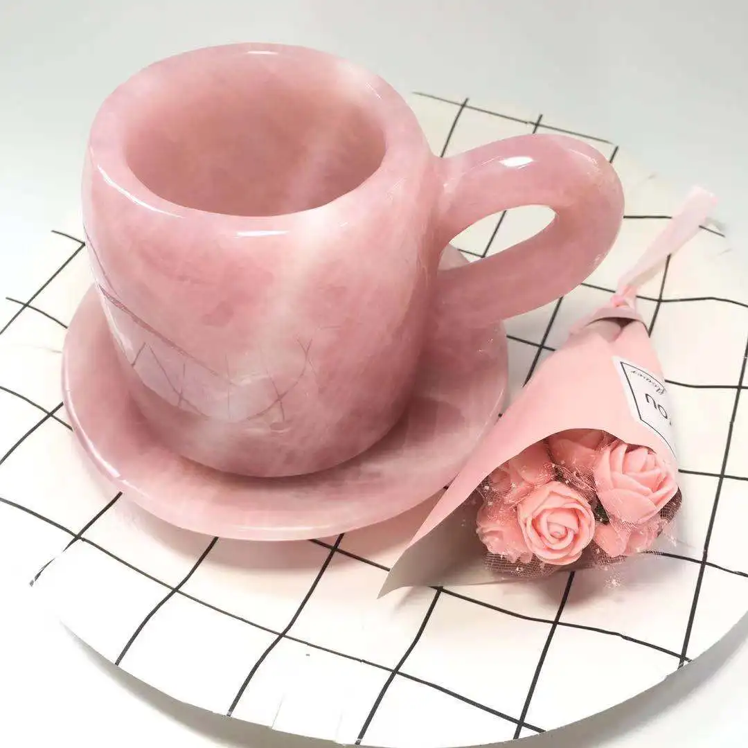 

Natural Crystal Hand Carved Rose Quartz Crystal Tea Cup Set with Holder Real Stones For Healing Decoration Collection Fengshui
