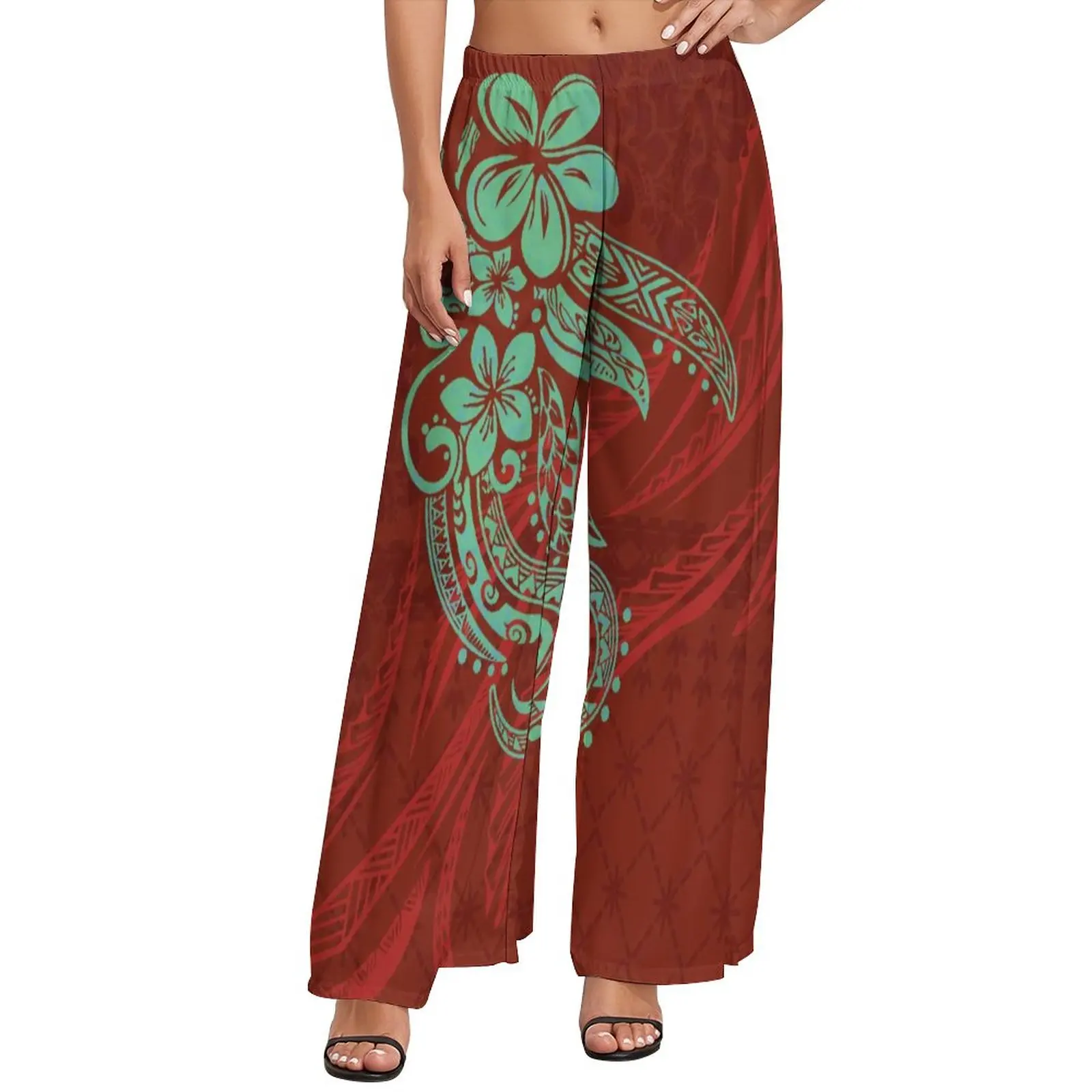 Polynesian Tribal Brick Red Background With Plumeria Prints Women's Wide Leg Pants Custom New Design Cropped Pants