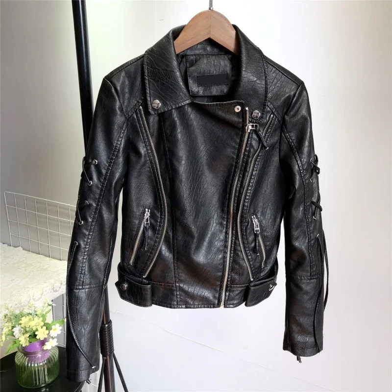 Casual Street Leather Jacket Women Spring Fashion Slim Fit Lapel Office Ladies Short Coat Zipper Biker Pu Leather Jacket S-L