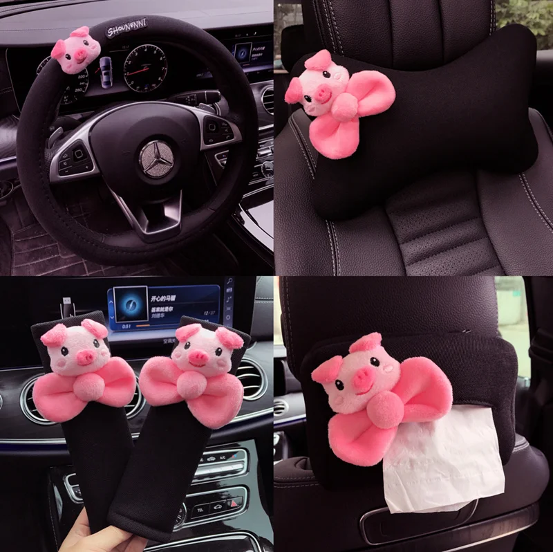 cute Pig Cartoon Car Interior Headrest Waist Pillow Handbrake Sleeve Gear Sleeve Safety Shoulder Seat Belt Cover Mirror Cover