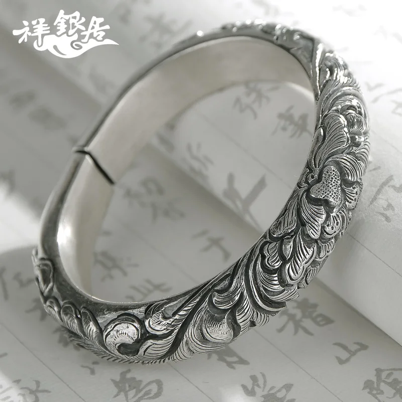 ★fine silver hand horseshoe smooth generous three-dimensional national wind restoring ancient ways peony silver bracelet