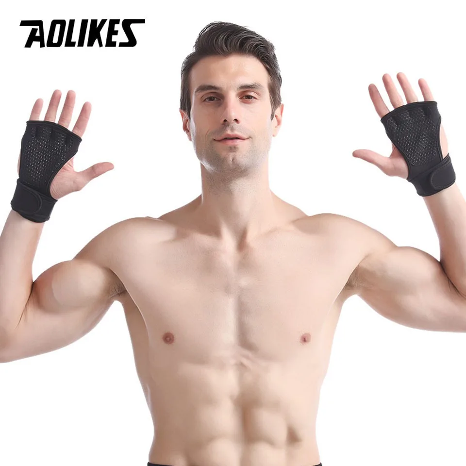 AOLIKES 1 Pair Gym Fitness Gloves Hand Palm Protector with Wrist Wrap Support Crossfit Workout Bodybuilding Power Weight Lifting