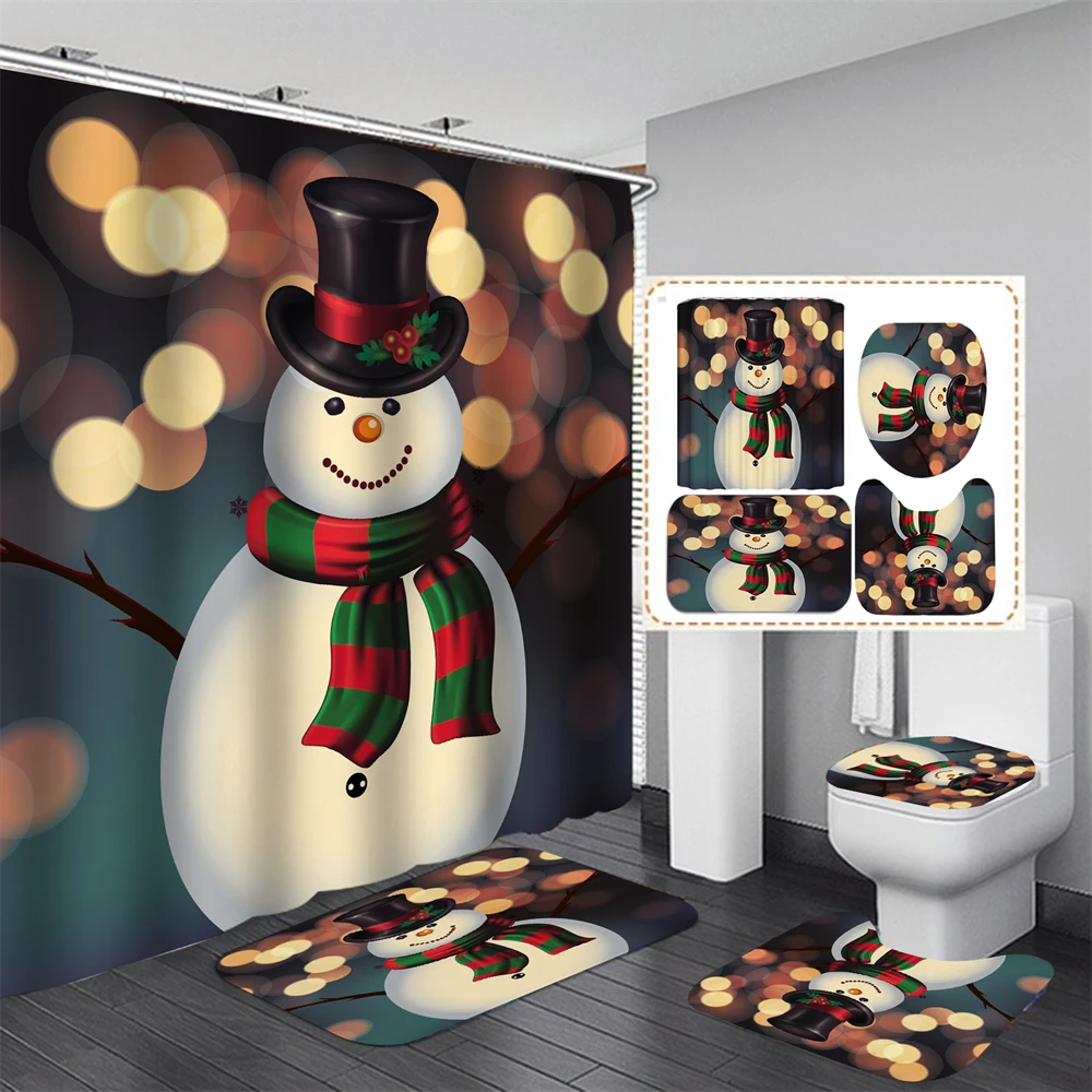 3D Printed Pattern Christmas Snowman ShowerCurtain Non-slip Carpet Toilet Seat Cushion Bath Mat Home Decoration Cortinas De Bano