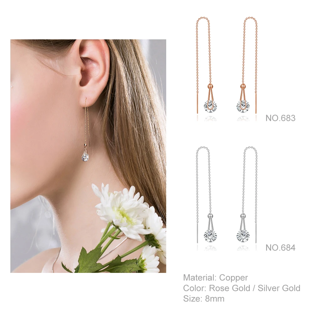 2 Carat AAA+Cubic Zirconia Drop/Dangle Line Earrings Rose Gold Color Silver Color Long Chain Ear Jewelry For Women E684