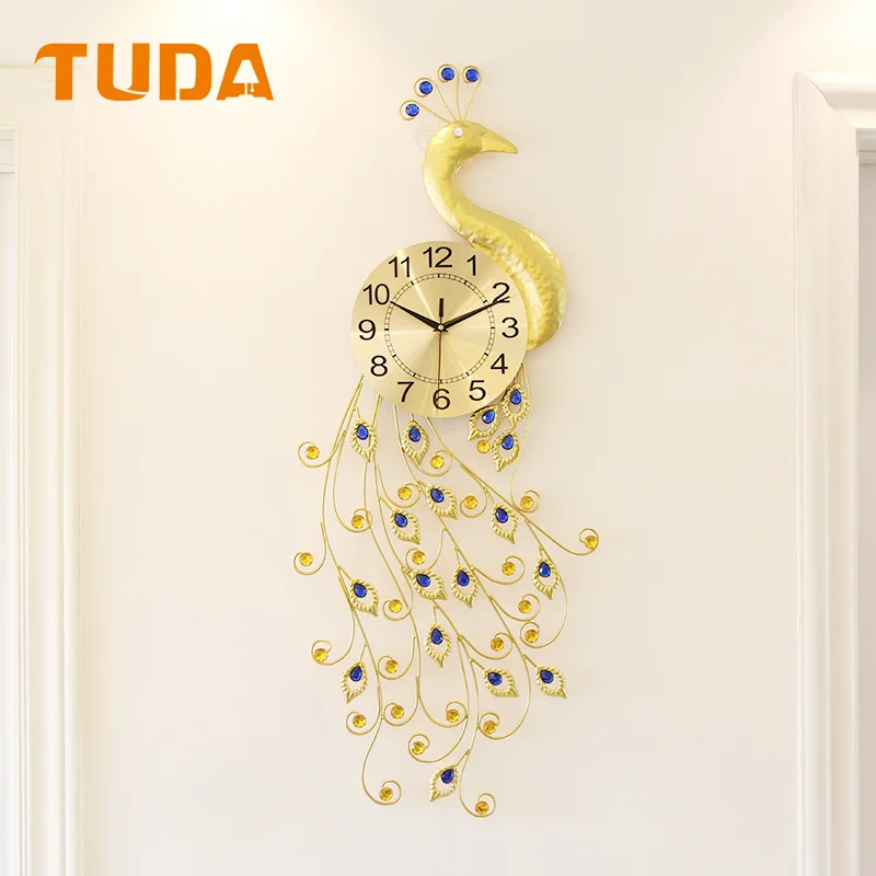 TUDA 38x90cm European Peacock Wall Clock Creative Iron Decorative Clock Living Room Clock Wall Quartz Clock Home Decoration