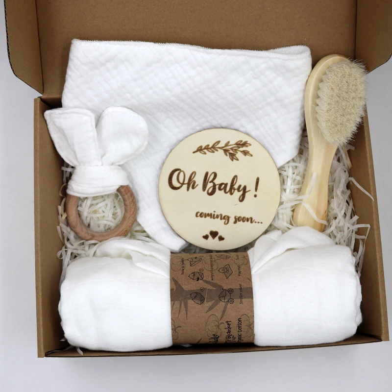 100% Organic Cotton baby bath brush set toy bunny teether rattle milestone new born Gift Sets With Gift Box