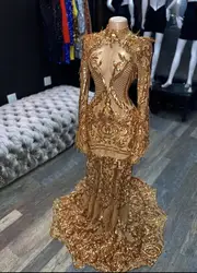 Sparkly Gold Sequin Long Mermaid Prom Dresses 2022 High Neck Full Sleeve See Through African Women Black Girls Evening Gowns
