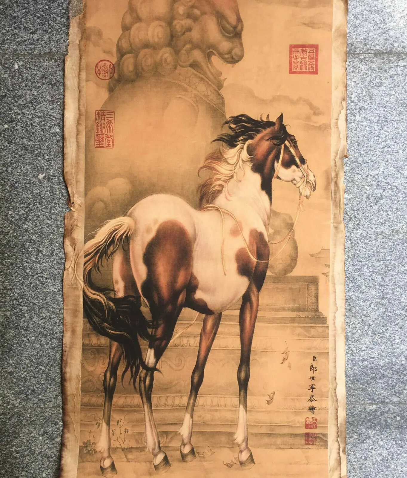 

Chinese Old Scroll Lang shining - horse Pictures Painting Rice Paper Painting