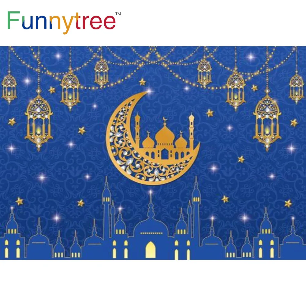 

Funnytree Eid Mubarak Festival Gold Blue Ramadan Backdrop Moon Lantern Kareem Banner Stars Buildings Photocall Background