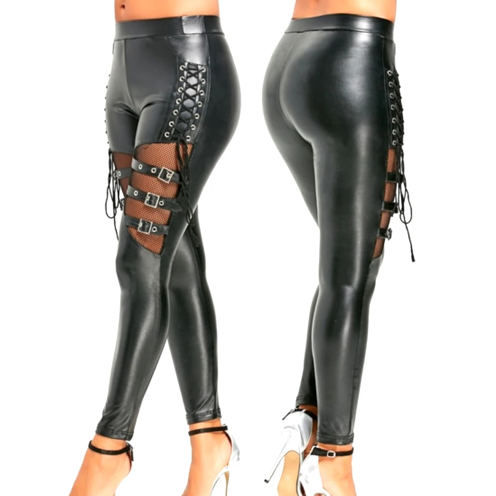 Sexy Women Lace Up Faux Leather Leggings Black Buckles Fishnet Spliced Wetlook Vinyl Shiny Skinny Leggings Bandage Exotic Pants