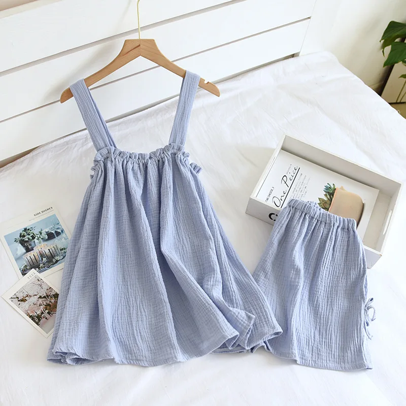 2024 Summer New Style Ladies Pajamas Two-piece 100%Cotton Crepe Suspender Shorts Vest Suit Sweet And Loose Home Service Sexy Pjs