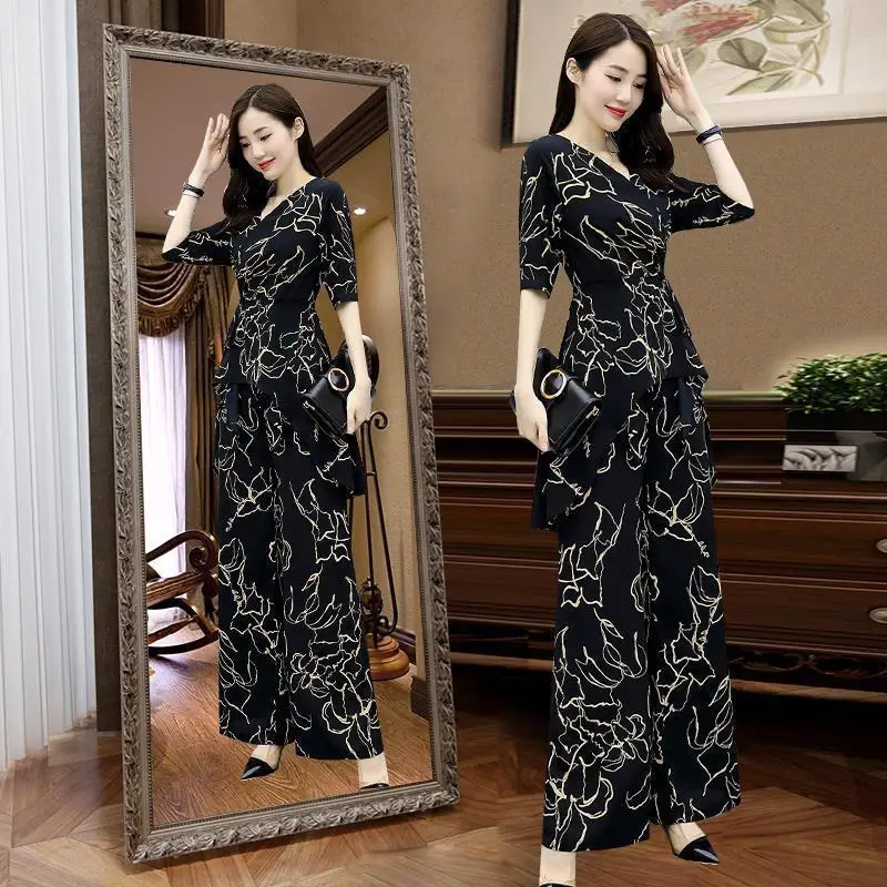 Women's Casual Suit Summer New Two Piece Set 2024 Fashion Wide Leg Long Pant Half Sleeve Top Korean Style Printed Office Outfits