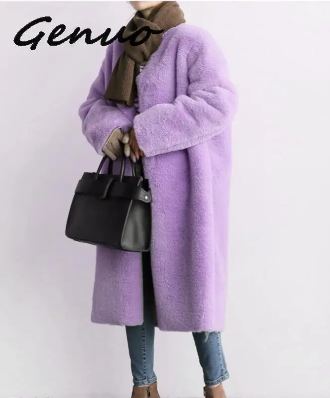 Genuo alta qualità 2019 peluche inverno donna lungo cappotto in pelliccia sintetica tasche in pelliccia sintetica di coniglio 5 colori cappotto lungo in pelliccia sintetica sottile